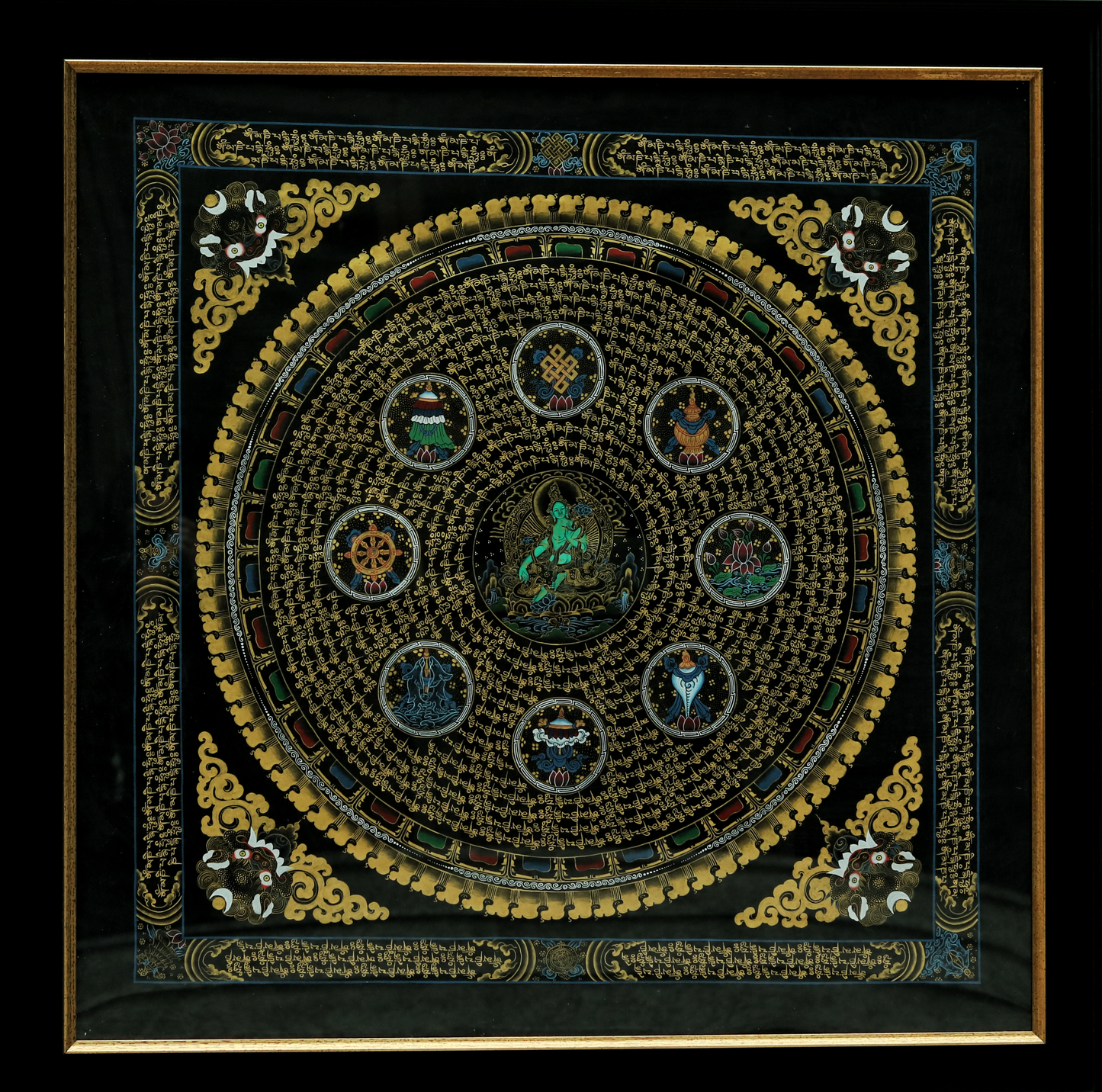 Green Tara and the Eight Auspicious Symbols (Painting - Acrylic on Cotton Cloth)