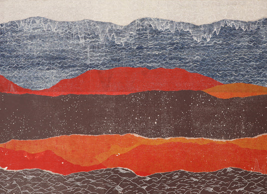 Galaxies (Woodblock on Hosho paper, pen, and collage on Stonehenge paper)