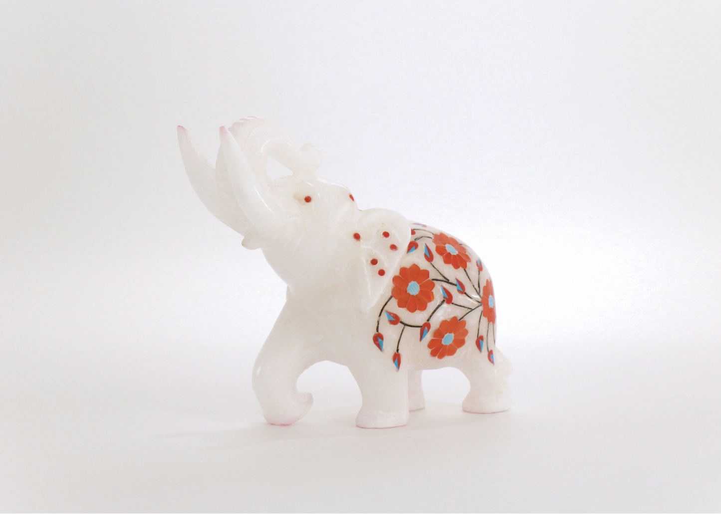 Elephant - White marble, semi-precious gemstones (13 cm)