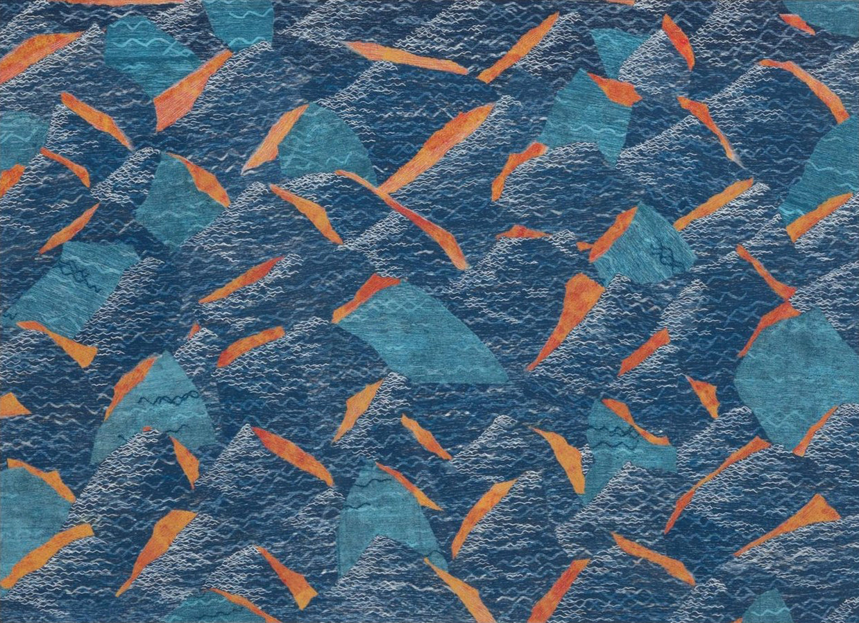 Waterworld II (Woodblock on Hosho paper, pen, and collage on Stonehenge paper)