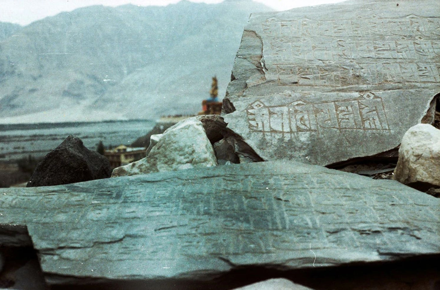 'Mantras carved on local stones' - Aman Chotani original print