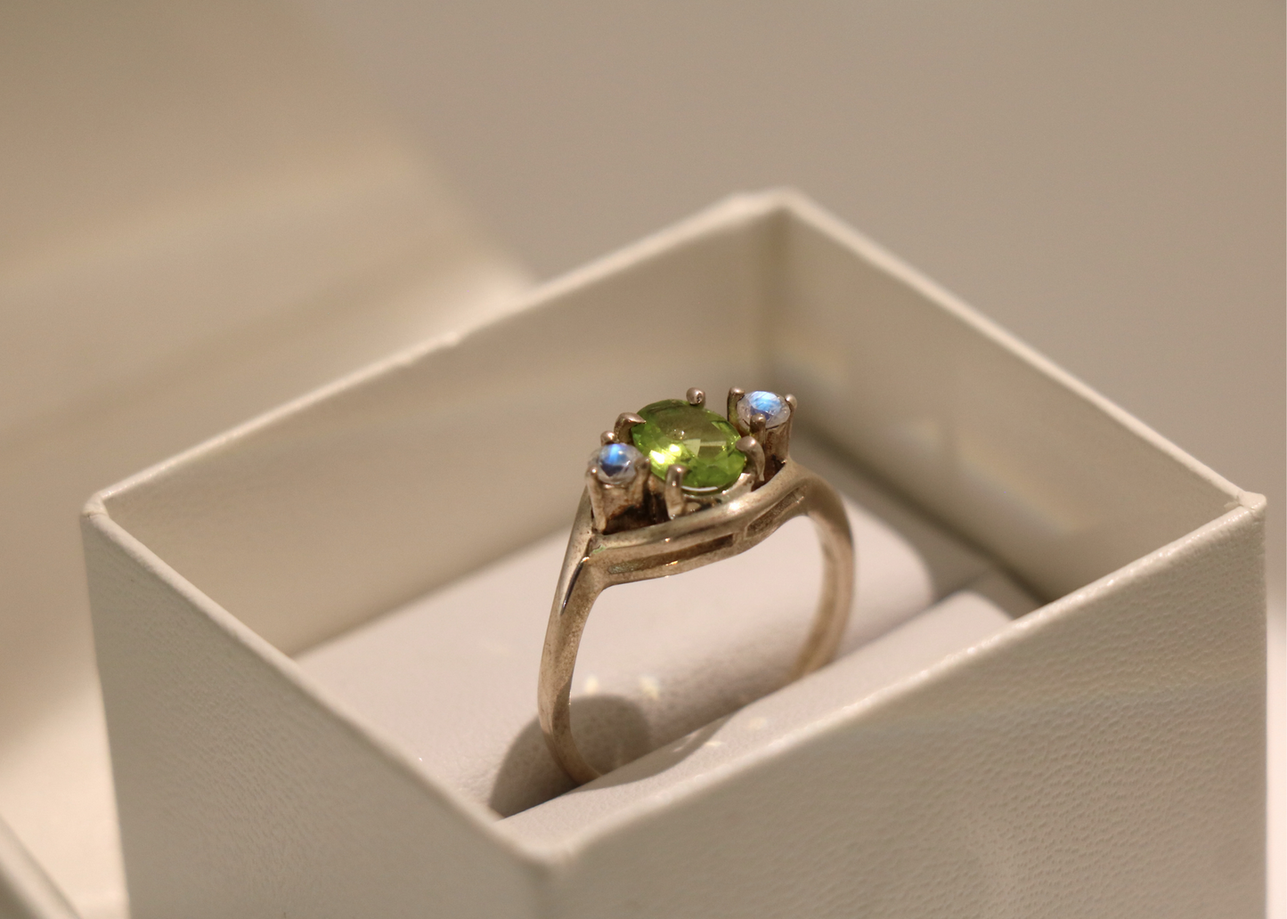 Faceted Peridot & Rainbow Moonstone Ring (Sterling Silver)