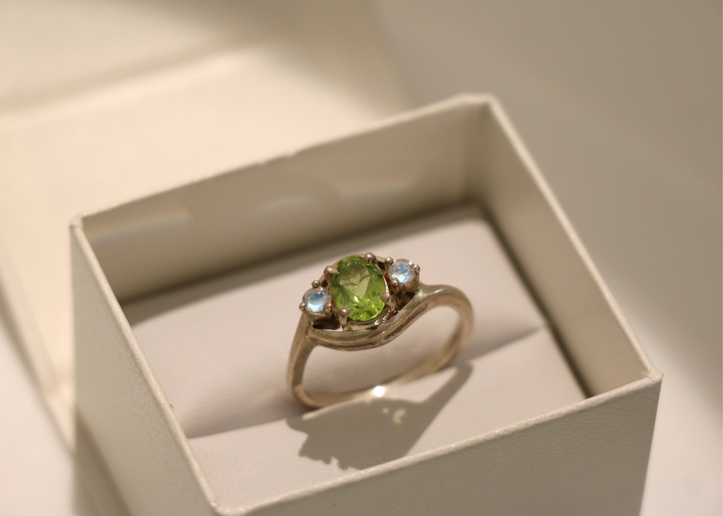 Faceted Peridot & Rainbow Moonstone Ring (Sterling Silver)