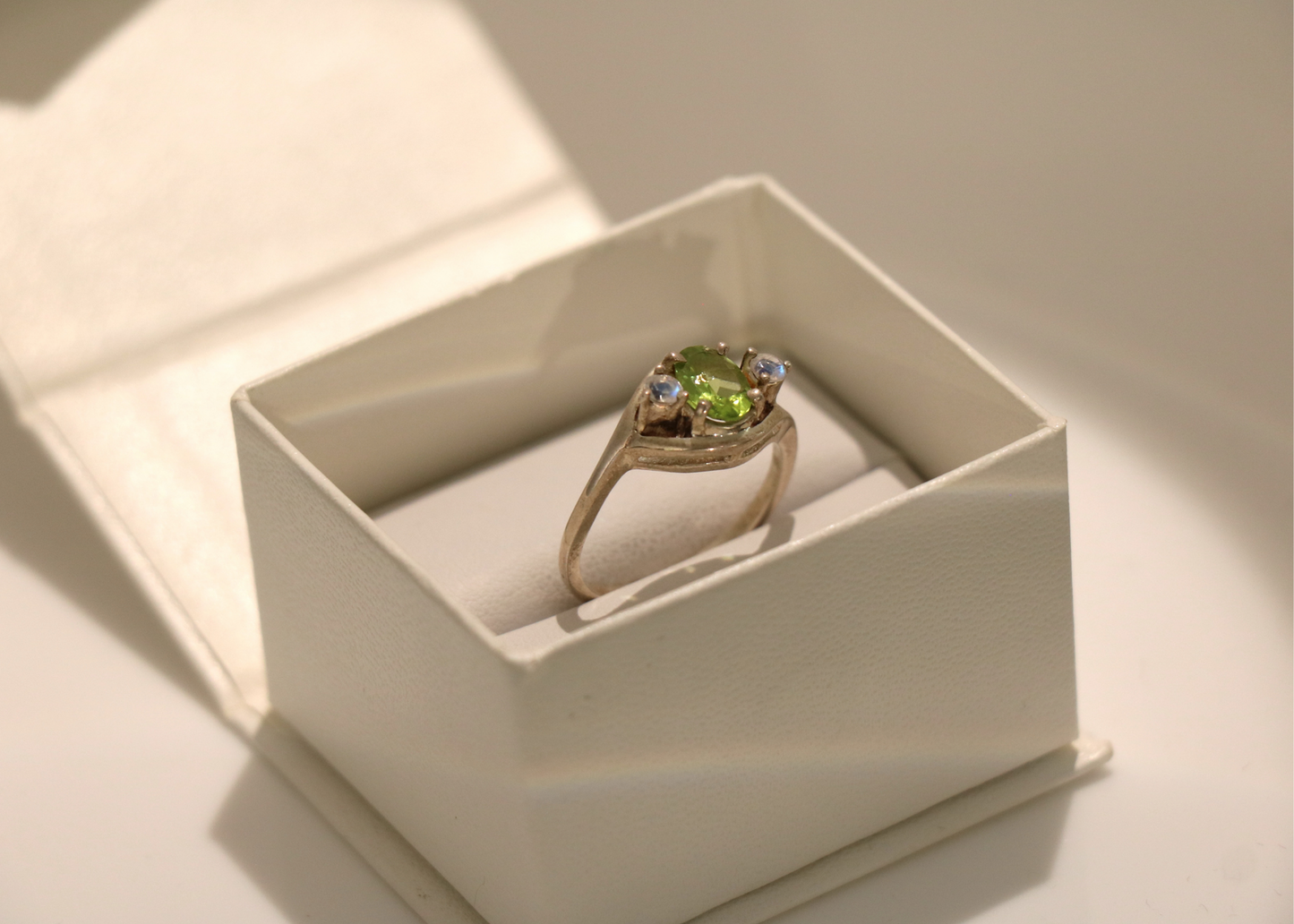 Faceted Peridot & Rainbow Moonstone Ring (Sterling Silver)