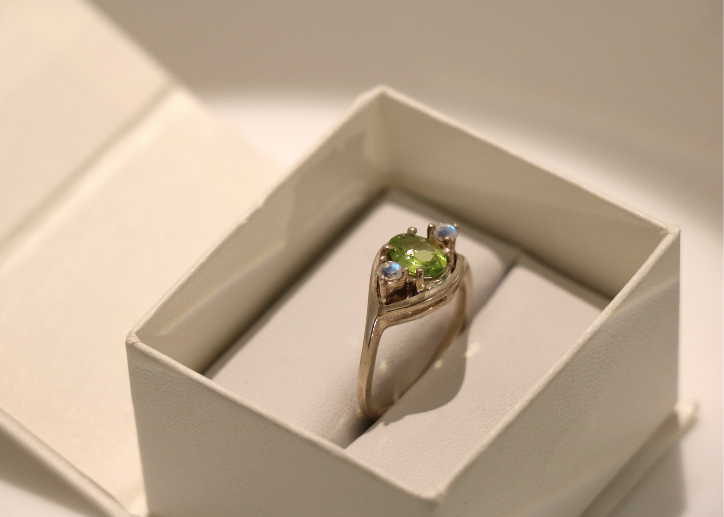 Faceted Peridot & Rainbow Moonstone Ring (Sterling Silver)