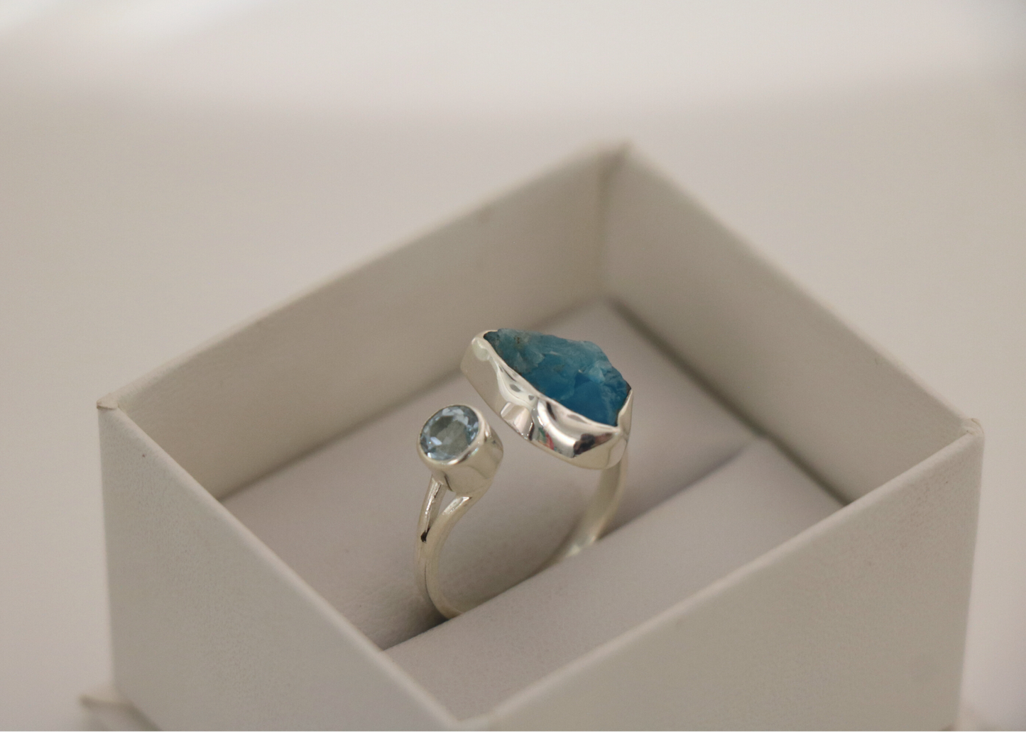 Raw Apatite and Faceted Aquamarine Ring (Sterling Silver)