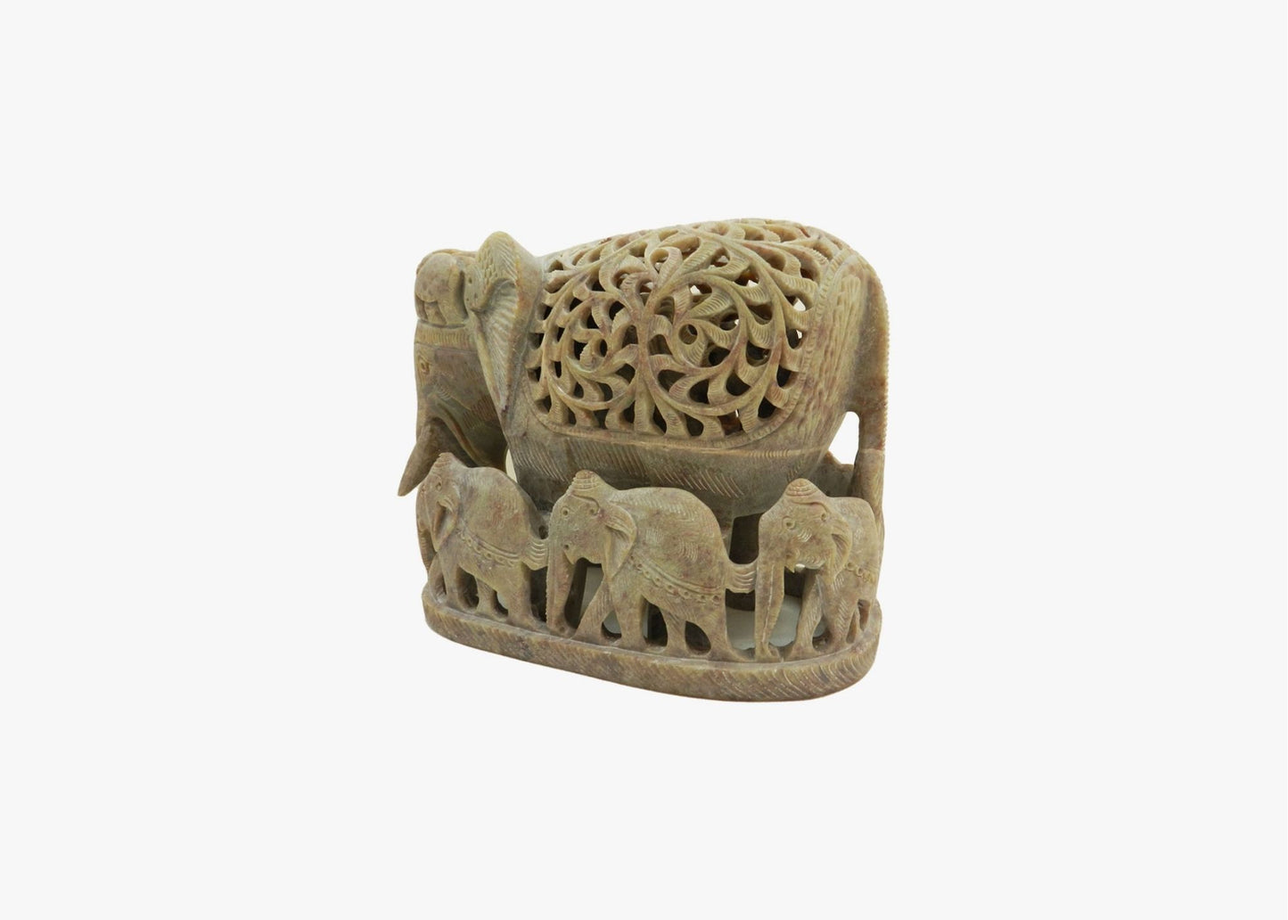 Elephant Mother with Children - Soft Stone (Small, 11.5cm)