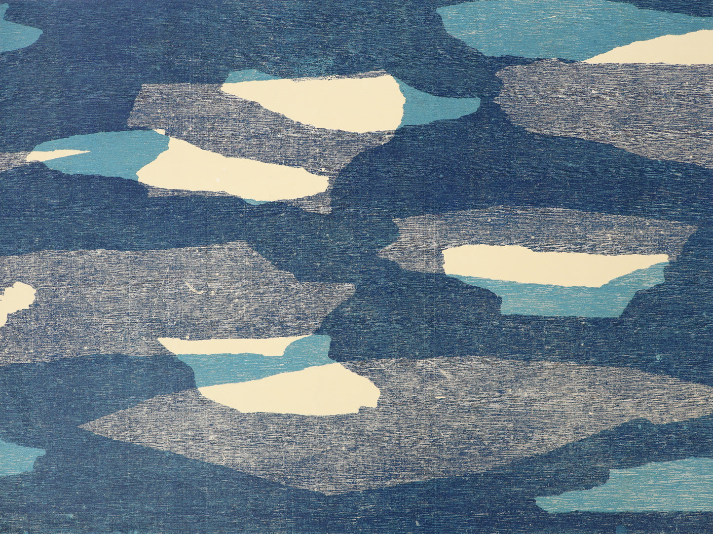 Mr Blue Sky III (Woodblock on Hosho paper, collage on 250gsm Somerset paper)