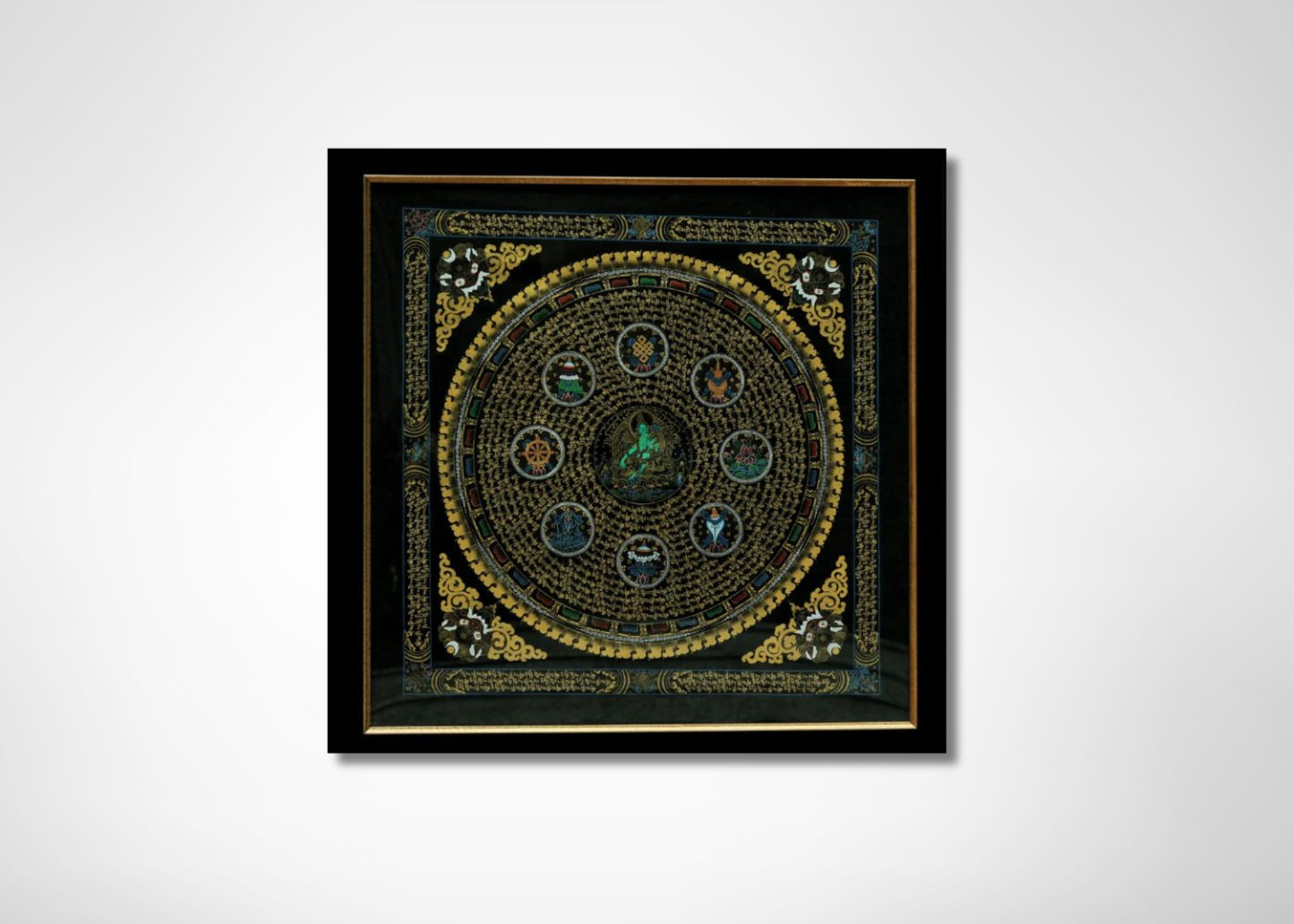 Green Tara and the Eight Auspicious Symbols   (Painting - Acrylic on Cotton Cloth)