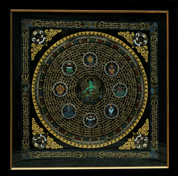 Green Tara and the Eight Auspicious Symbols   (Painting - Acrylic on Cotton Cloth)