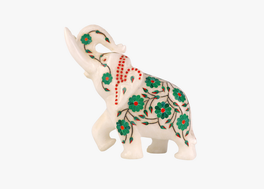 Elephant - White marble, semi-precious gemstones (15cm)