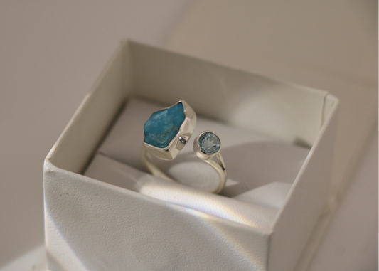 Raw Apatite and Faceted Aquamarine Ring (Sterling Silver)