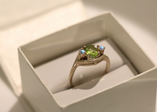 Faceted Peridot & Rainbow Moonstone Ring (Sterling Silver)