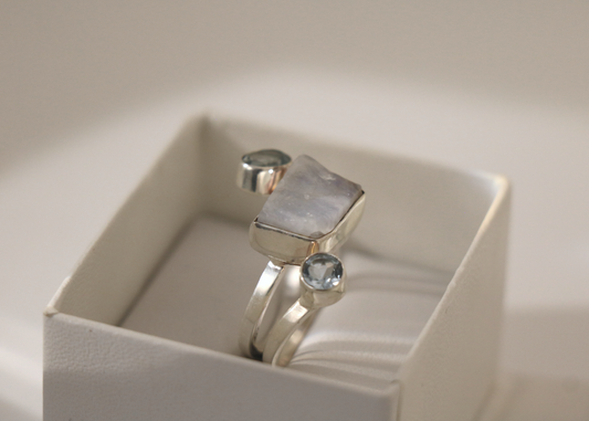 Rainbow Moonstone and Aquamarine Ring (Sterling Silver)