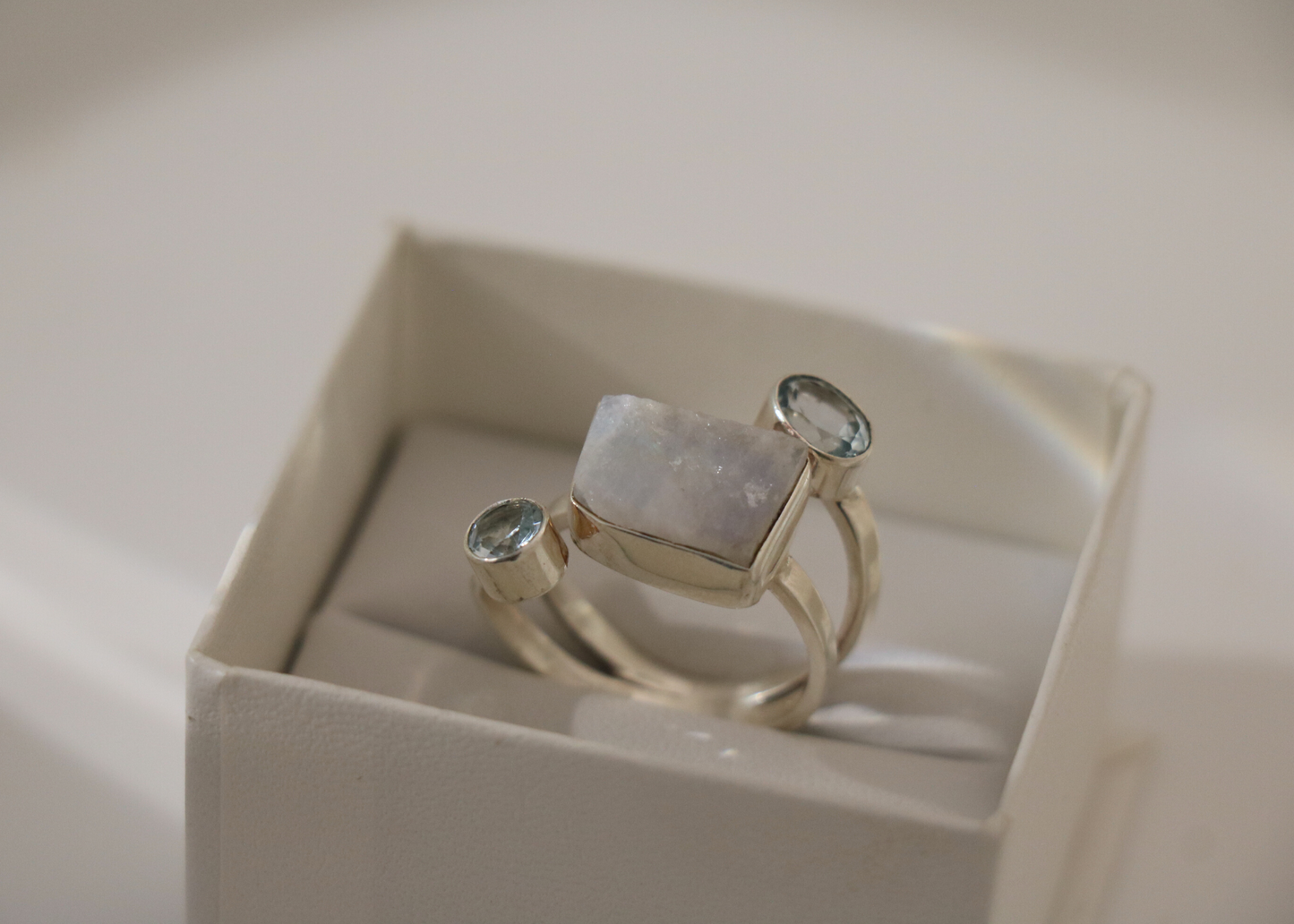 Rainbow Moonstone and Aquamarine Ring (Sterling Silver)